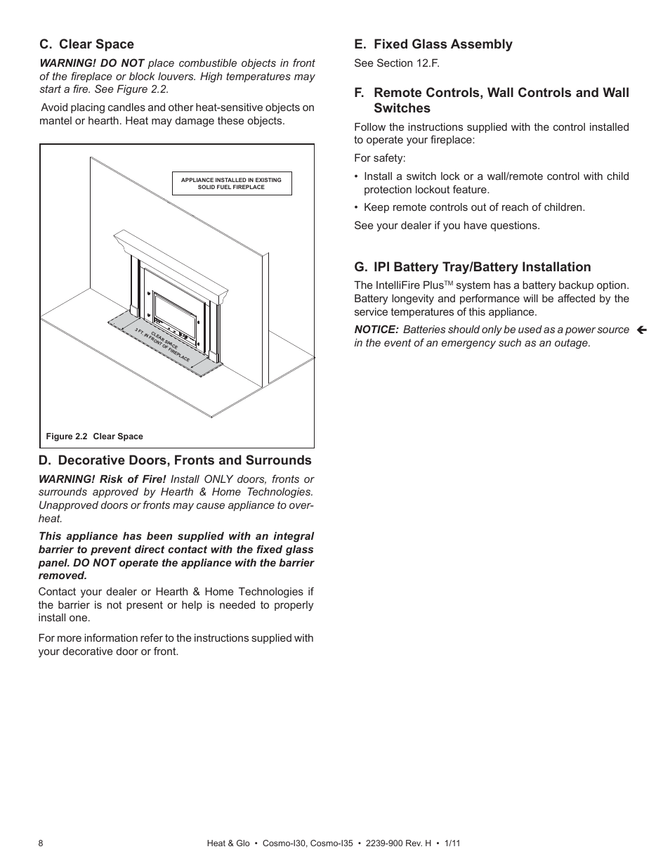 C. clear space, E. fixed glass assembly, D. decorative doors, fronts and surrounds | G. ipi battery tray/battery installation | Heat & Glo Fireplace Heat & Glo Cosmo-130 User Manual | Page 8 / 35