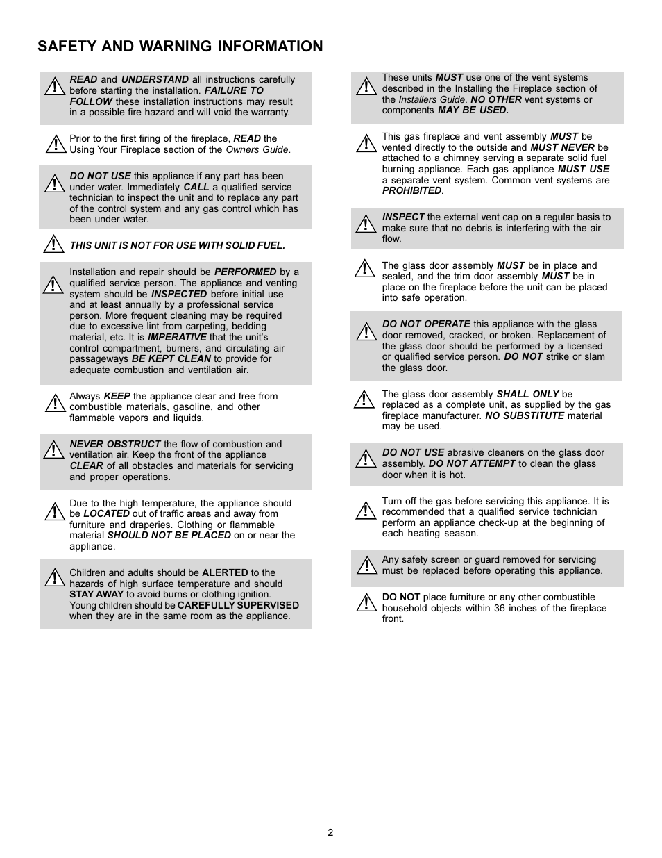 Safety & warning information, Safety and warning information | Heat & Glo Fireplace ST-38GTV User Manual | Page 2 / 18