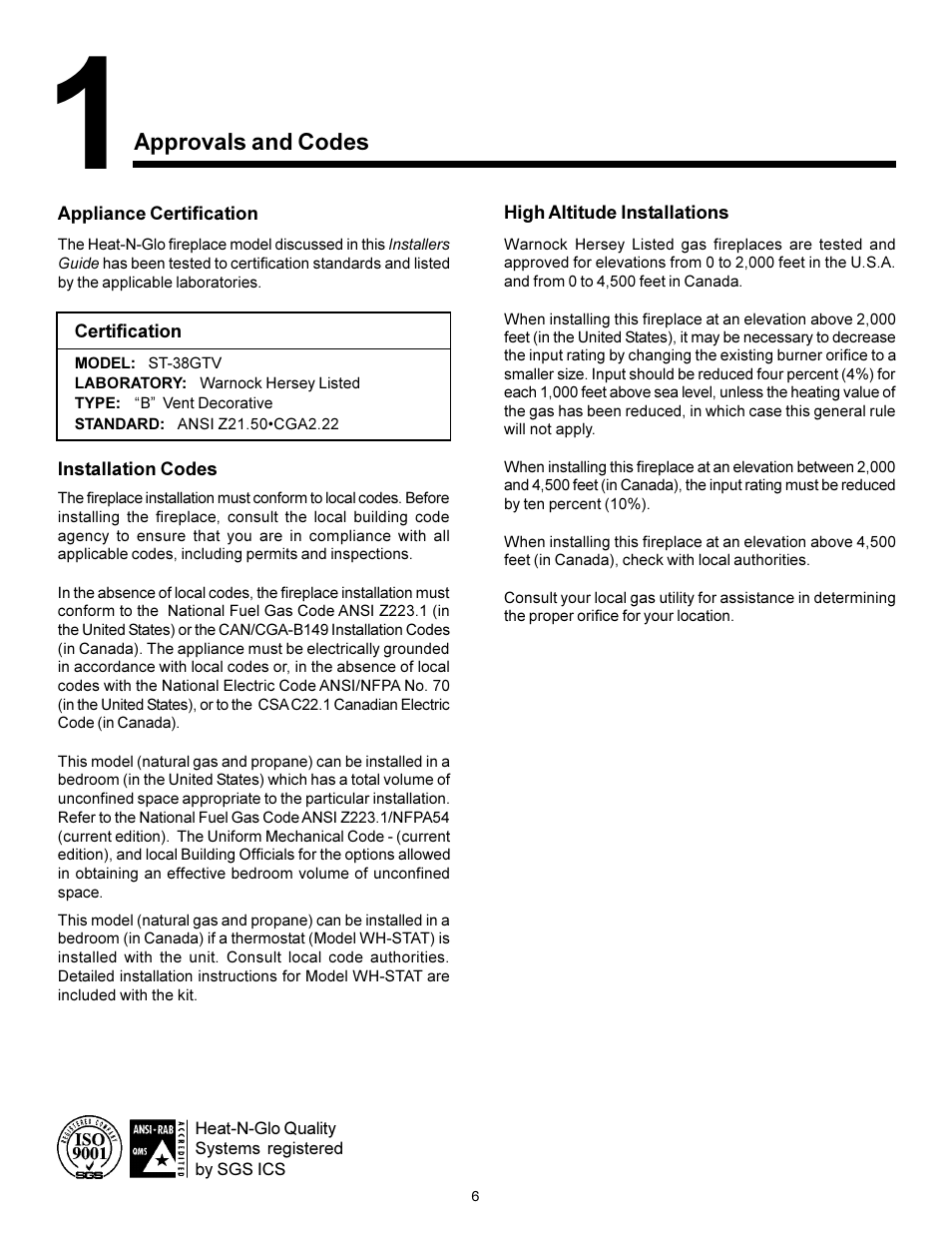 Section 1: approvals & codes, Approvals and codes | Heat & Glo Fireplace ST-38GTV User Manual | Page 6 / 18