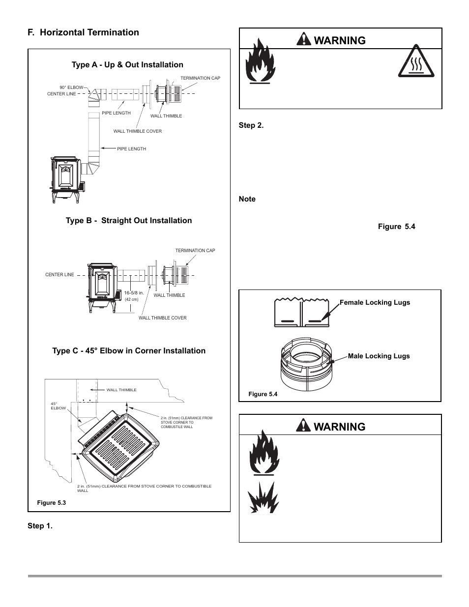 Warning, F. horizontal termination, Type a - up & out installation | Heat & Glo Fireplace TIARAP-CES User Manual | Page 12 / 56