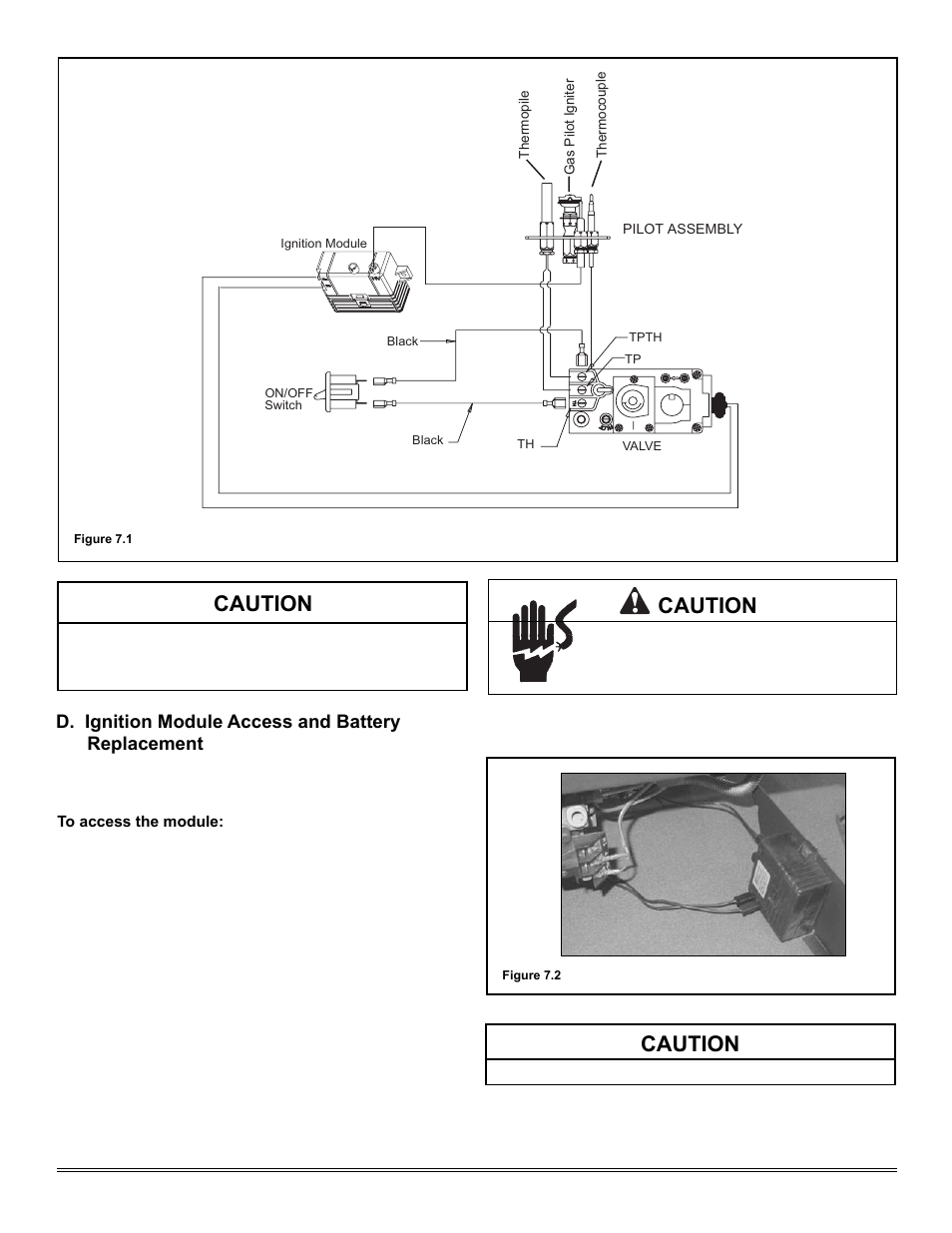 Caution, D. ignition module access and battery replacement, Shock hazard. • replace damaged wire with type 105 | Heat & Glo Fireplace TIARAP-CES User Manual | Page 30 / 56