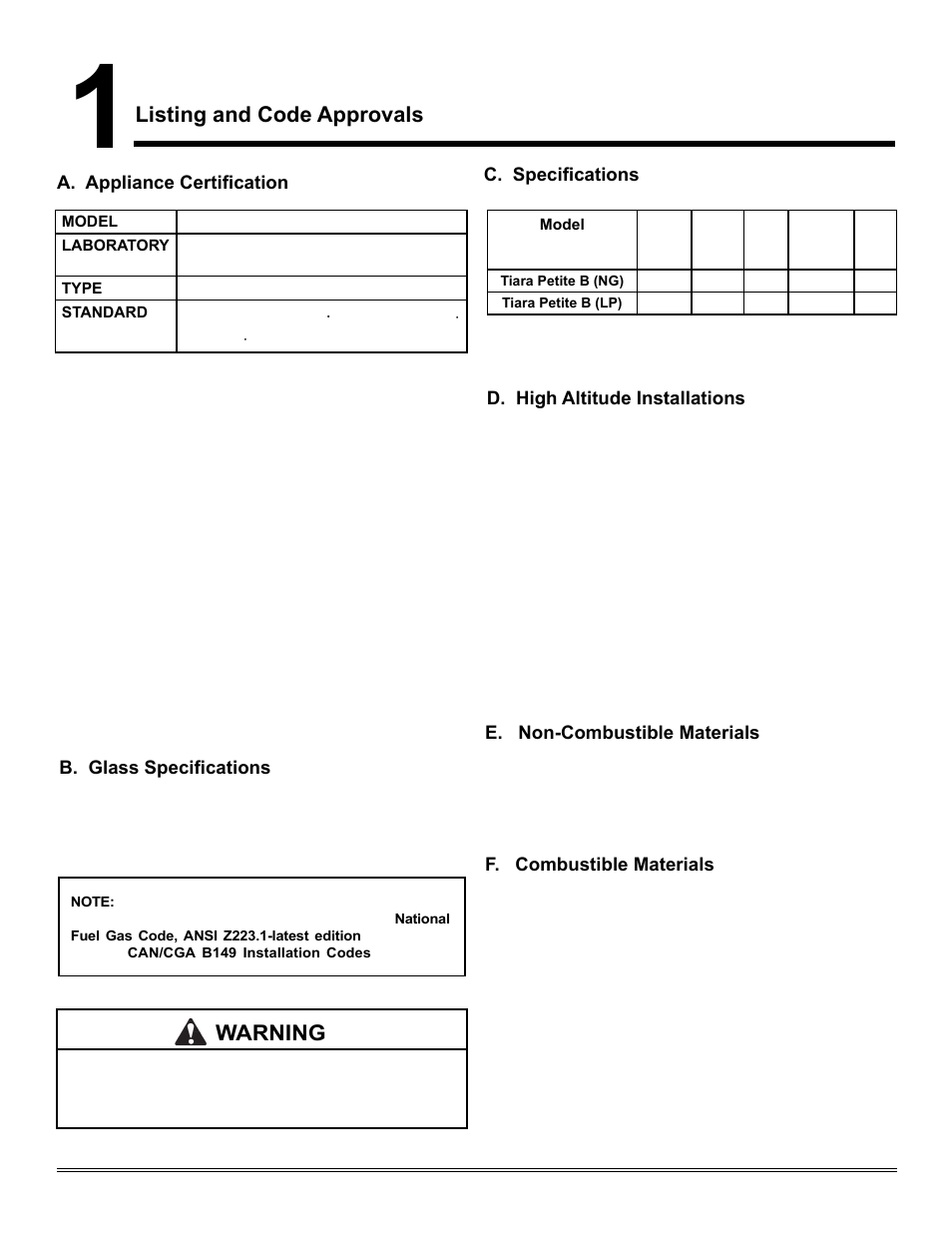 Listing and code approvals, Warning | Heat & Glo Fireplace TIARAP-CES User Manual | Page 4 / 56