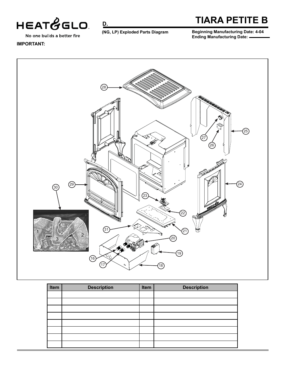 Tiara petite b, Service parts list | Heat & Glo Fireplace TIARAP-CES User Manual | Page 50 / 56