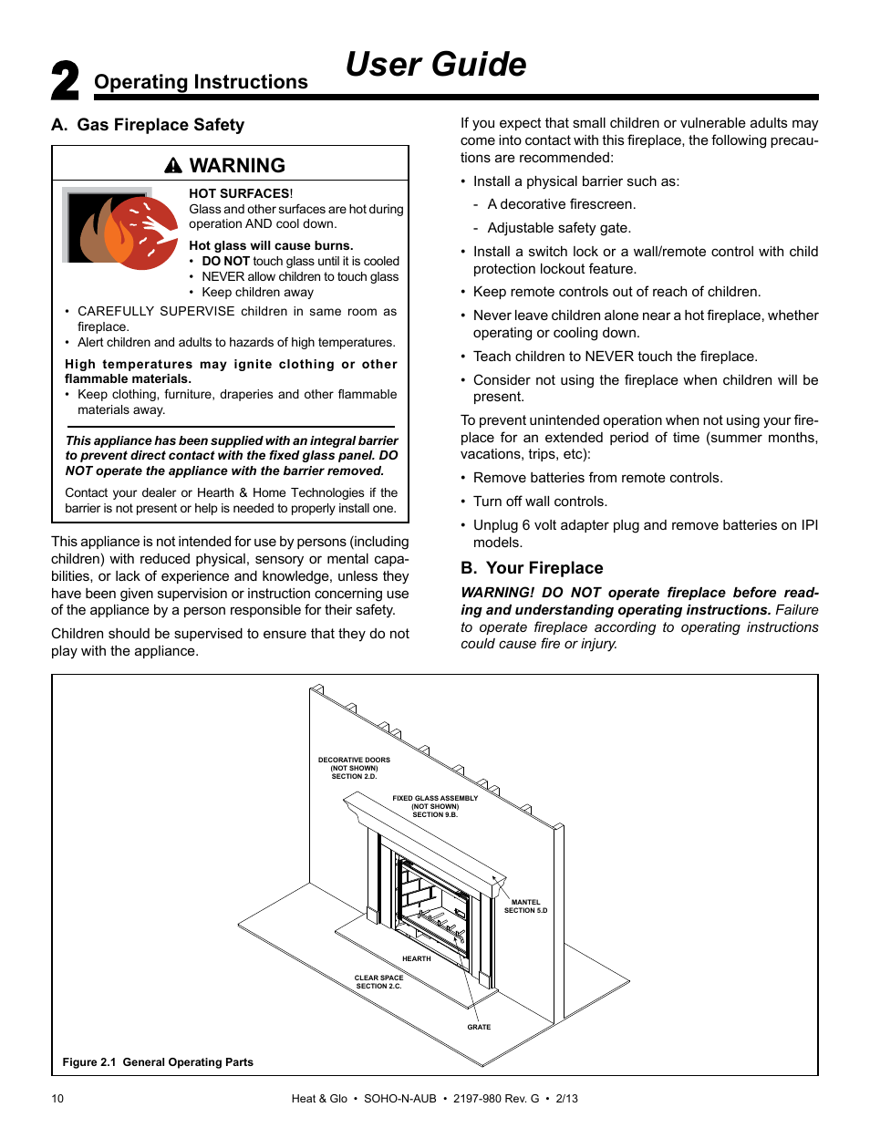 User guide, Operating instructions, Warning | B. your fireplace, A. gas fireplace safety | Heat & Glo Fireplace 2197-980 User Manual | Page 10 / 69