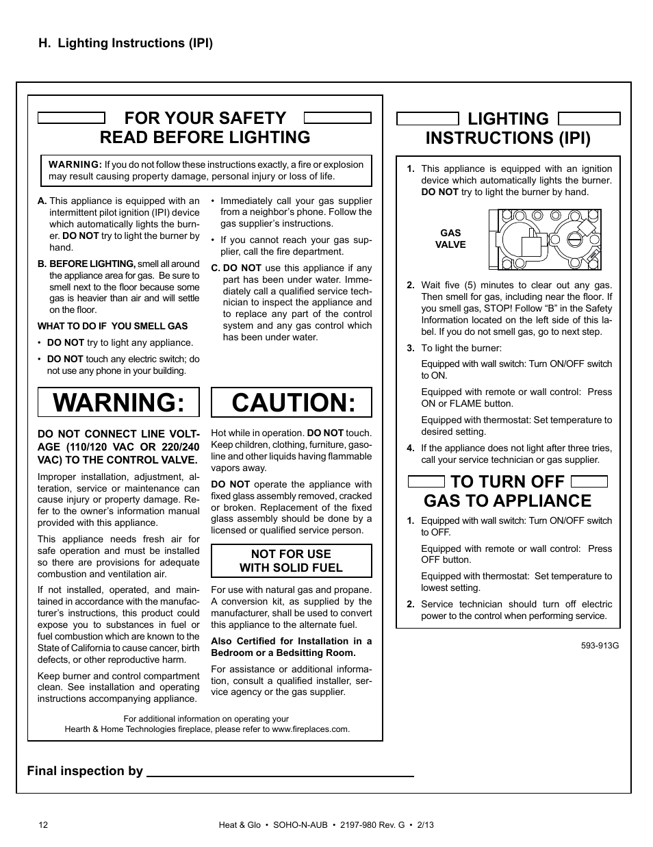 Caution, Warning, For your safety read before lighting | Heat & Glo Fireplace 2197-980 User Manual | Page 12 / 69