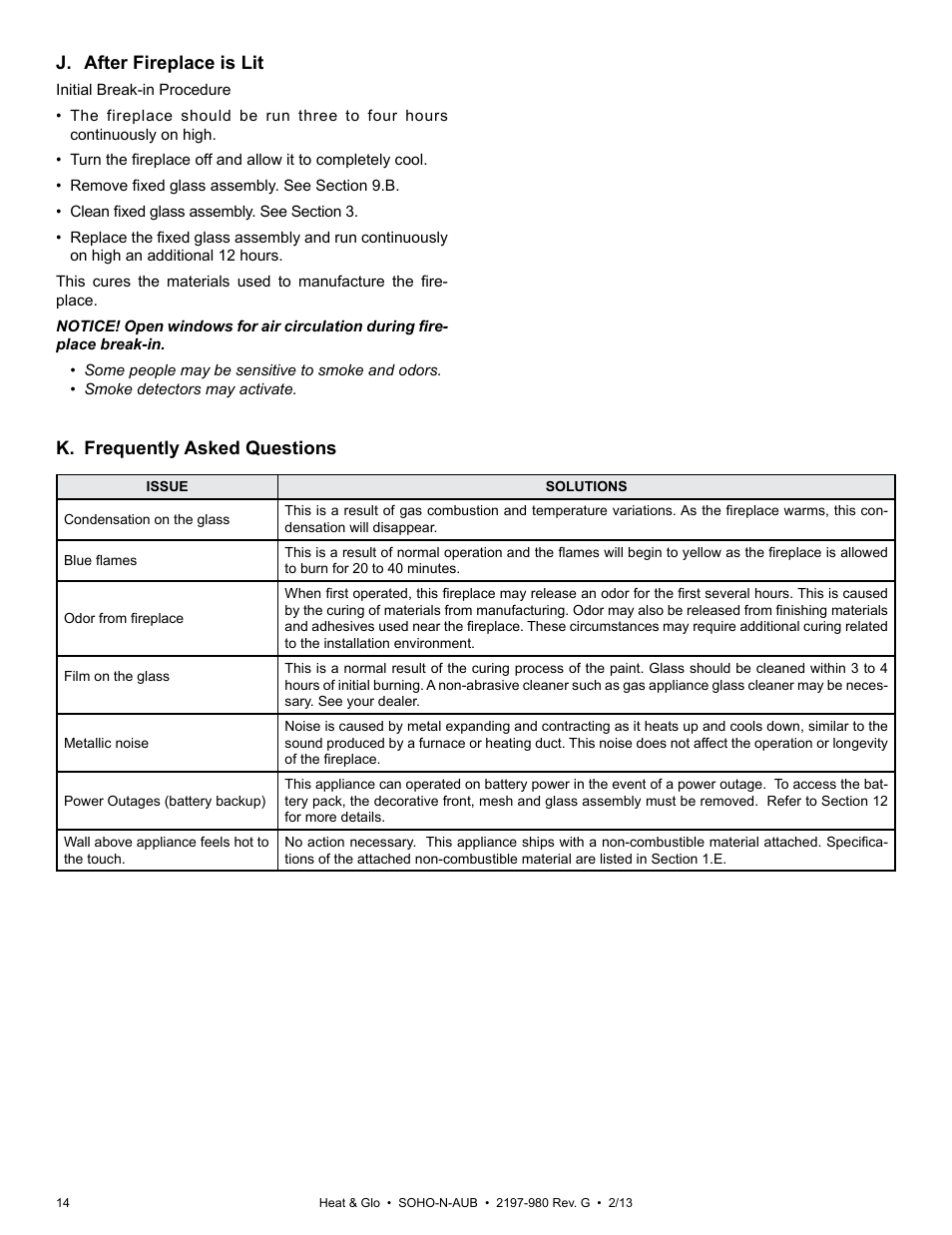 J. after fireplace is lit, K. frequently asked questions | Heat & Glo Fireplace 2197-980 User Manual | Page 14 / 69