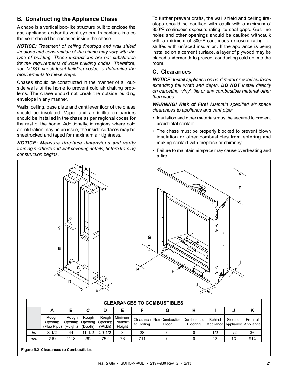 B. constructing the appliance chase, C. clearances | Heat & Glo Fireplace 2197-980 User Manual | Page 21 / 69