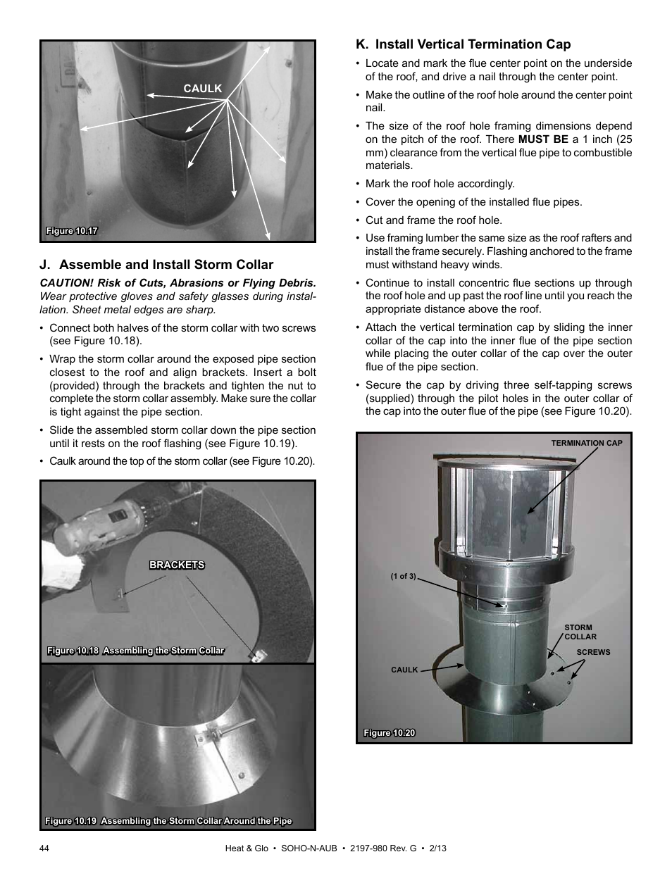 J. assemble and install storm collar, K. install vertical termination cap | Heat & Glo Fireplace 2197-980 User Manual | Page 44 / 69