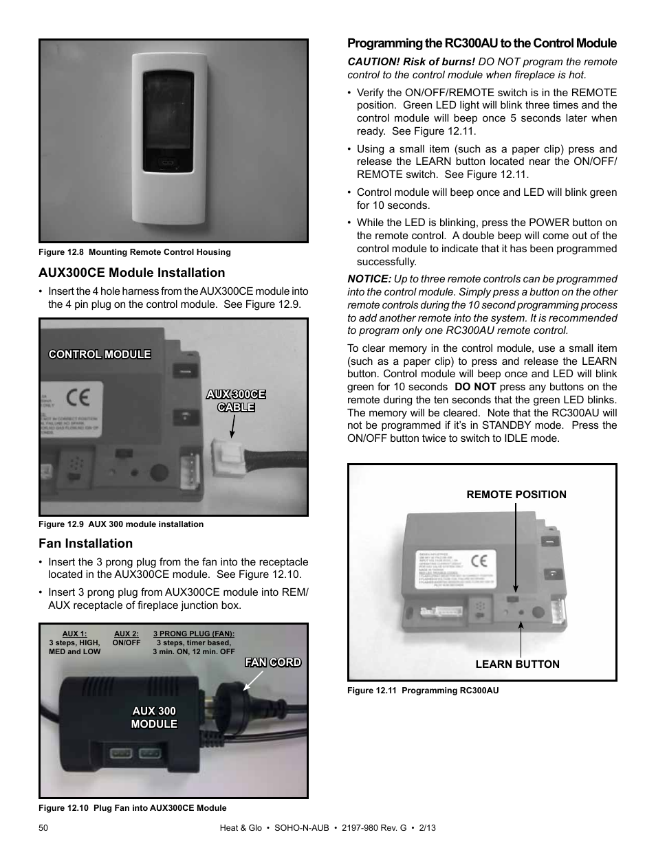 Aux300ce module installation, Fan installation, Programming the rc300au to the control module | Heat & Glo Fireplace 2197-980 User Manual | Page 50 / 69