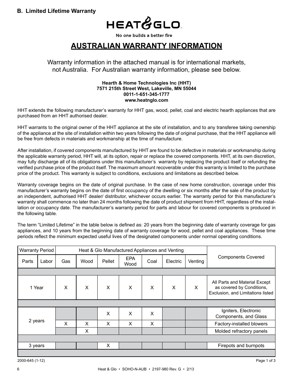 Australian warranty information | Heat & Glo Fireplace 2197-980 User Manual | Page 6 / 69