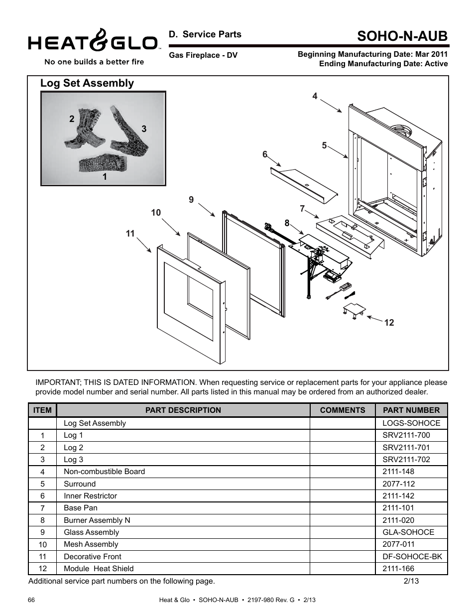 Soho-n-aub, Log set assembly | Heat & Glo Fireplace 2197-980 User Manual | Page 66 / 69