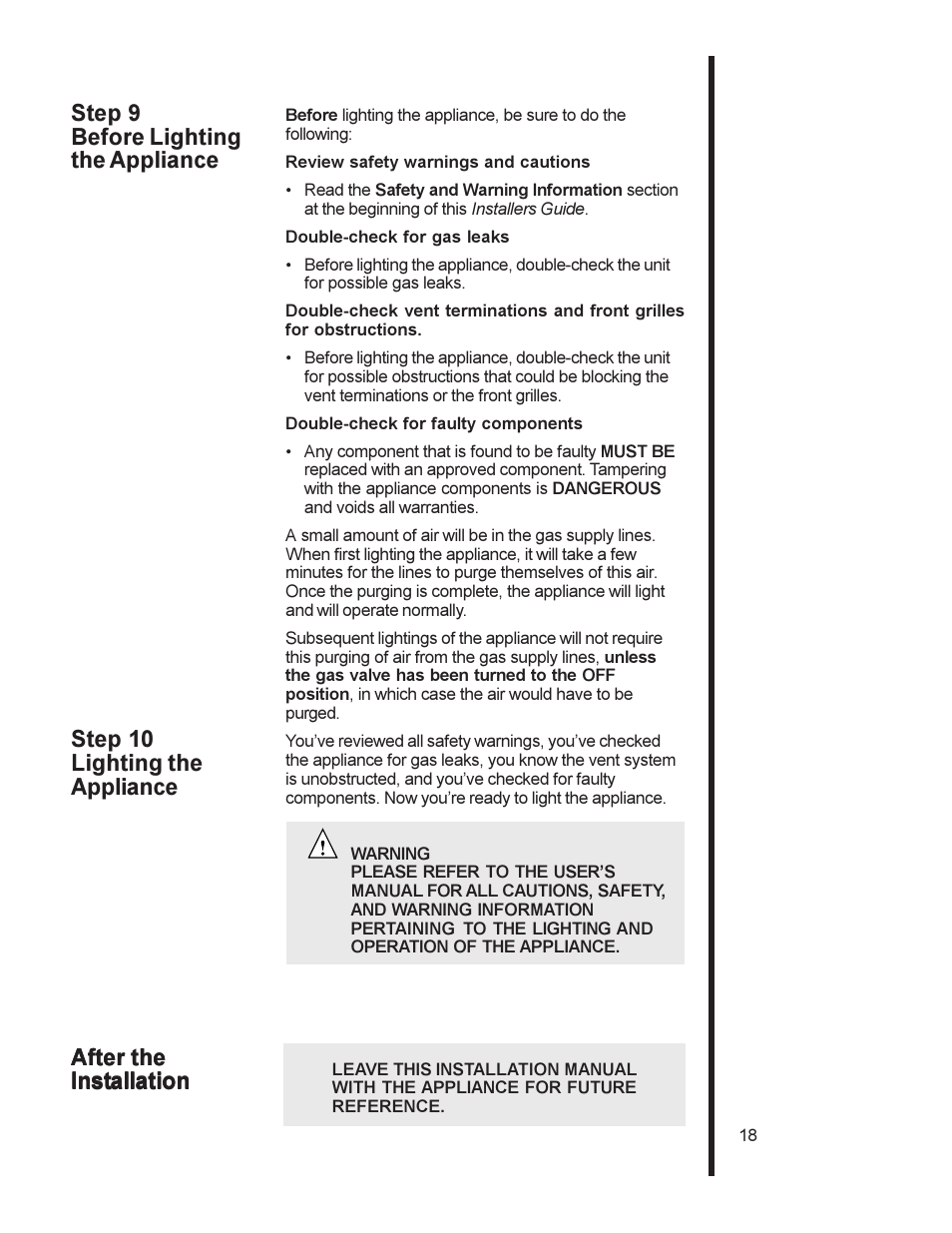 Step 9 before lighting the appliance, Step 10 lighting the appliance, After the installation after the installation | Heat & Glo Fireplace Heat & Glo Fireplace AT-GRAND User Manual | Page 21 / 23