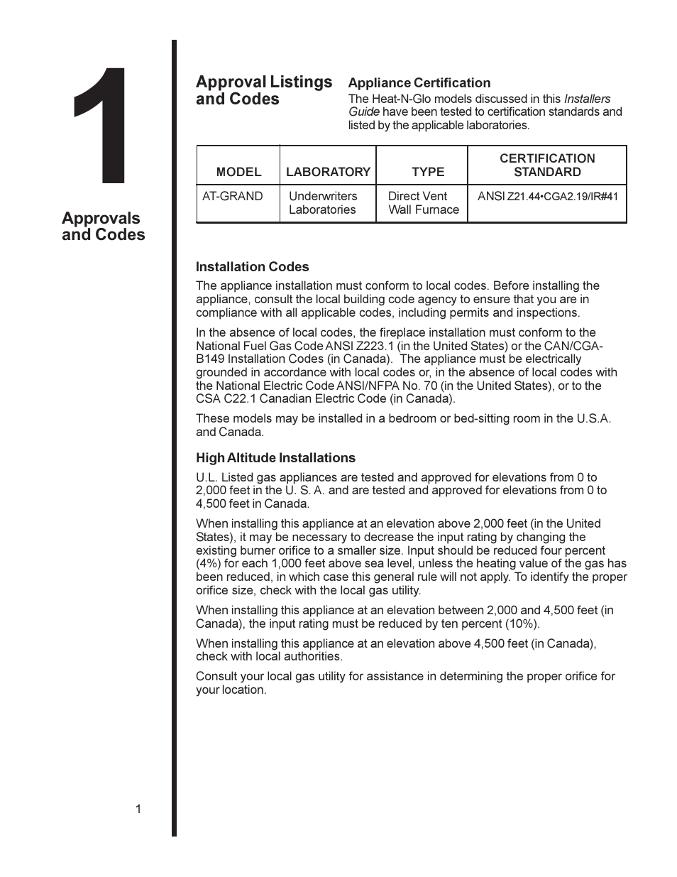 Section 1, Approval listings & codes | Heat & Glo Fireplace Heat & Glo Fireplace AT-GRAND User Manual | Page 4 / 23