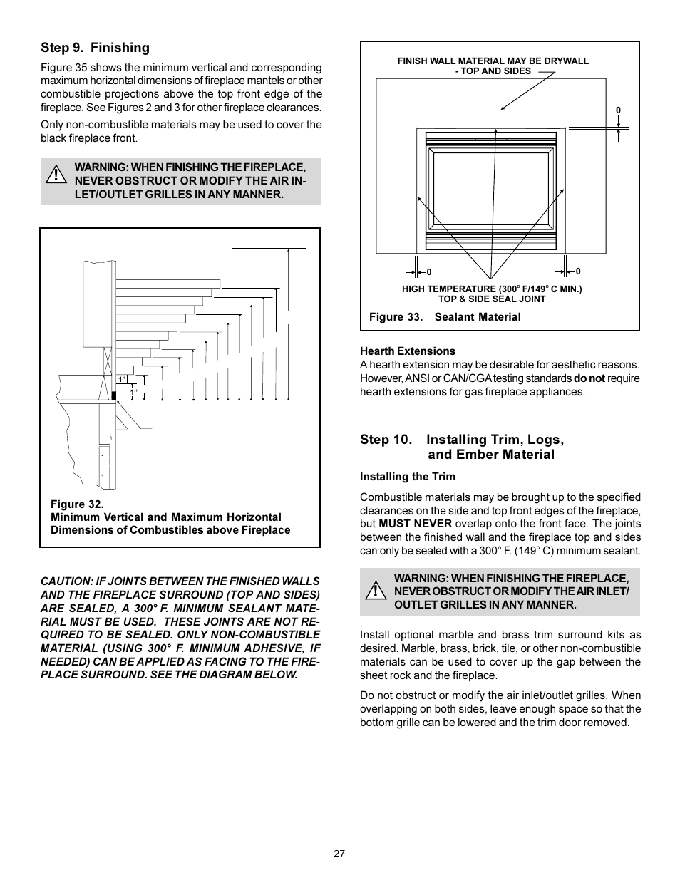 Step 9. finishing, Step 10. installing trim, logs, and ember material | Heat & Glo Fireplace Heat-n- Glo BE-41 User Manual | Page 27 / 31