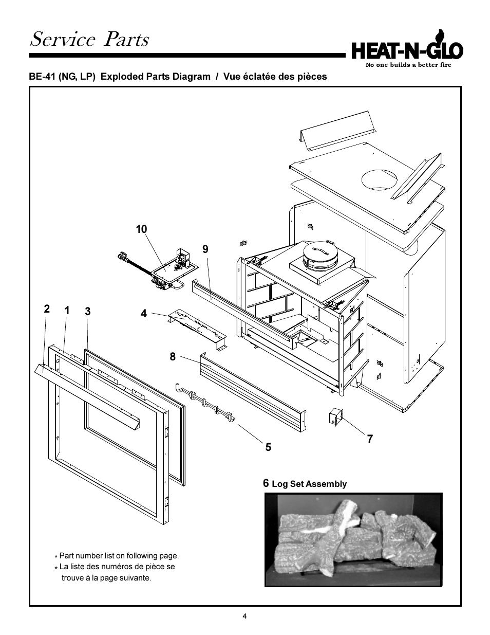 Service parts list, Service parts | Heat & Glo Fireplace Heat-n- Glo BE-41 User Manual | Page 4 / 31