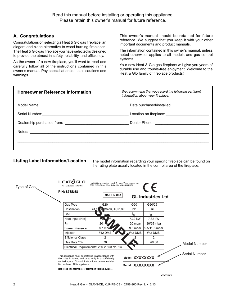 Sample, Listing label information/location, Homeowner reference information | Heat & Glo Fireplace XLR-N-CE User Manual | Page 2 / 65