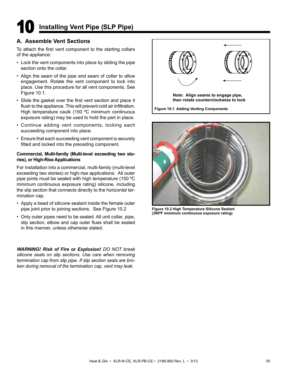 Installing vent pipe (slp pipe) | Heat & Glo Fireplace XLR-N-CE User Manual | Page 35 / 65