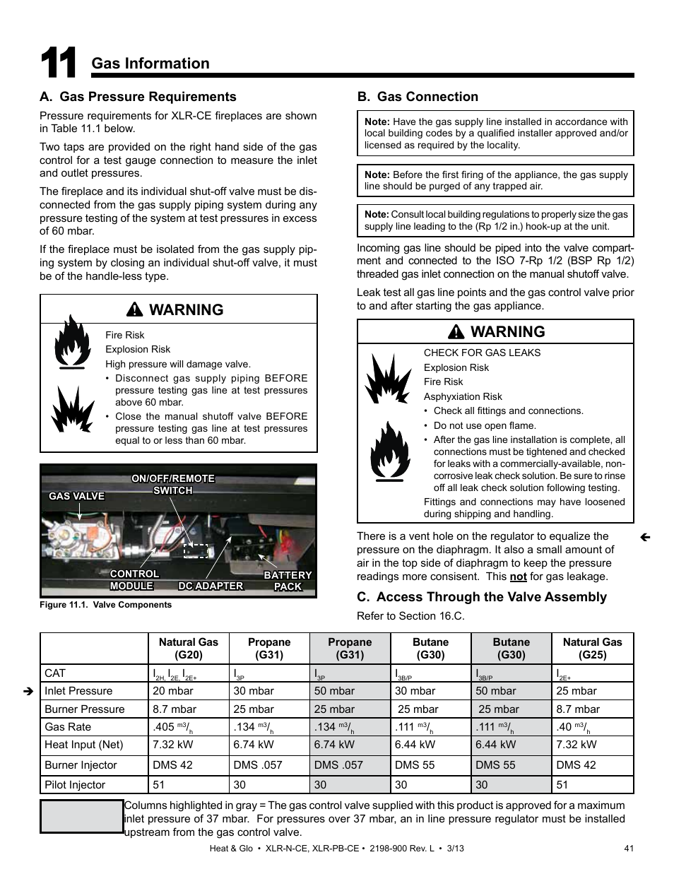 Gas information, Warning, A. gas pressure requirements | B. gas connection, C. access through the valve assembly | Heat & Glo Fireplace XLR-N-CE User Manual | Page 41 / 65