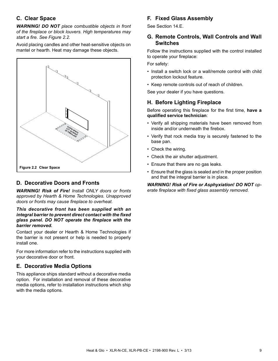 C. clear space, F. fixed glass assembly, H. before lighting fireplace | D. decorative doors and fronts, E. decorative media options | Heat & Glo Fireplace XLR-N-CE User Manual | Page 9 / 65