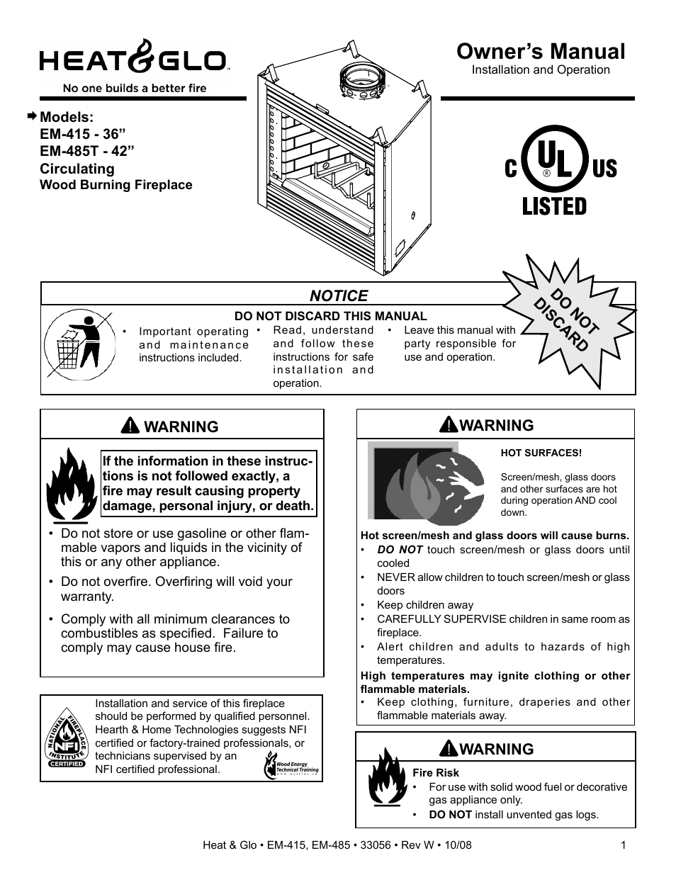 Heat & Glo Fireplace EM-485T User Manual | 52 pages