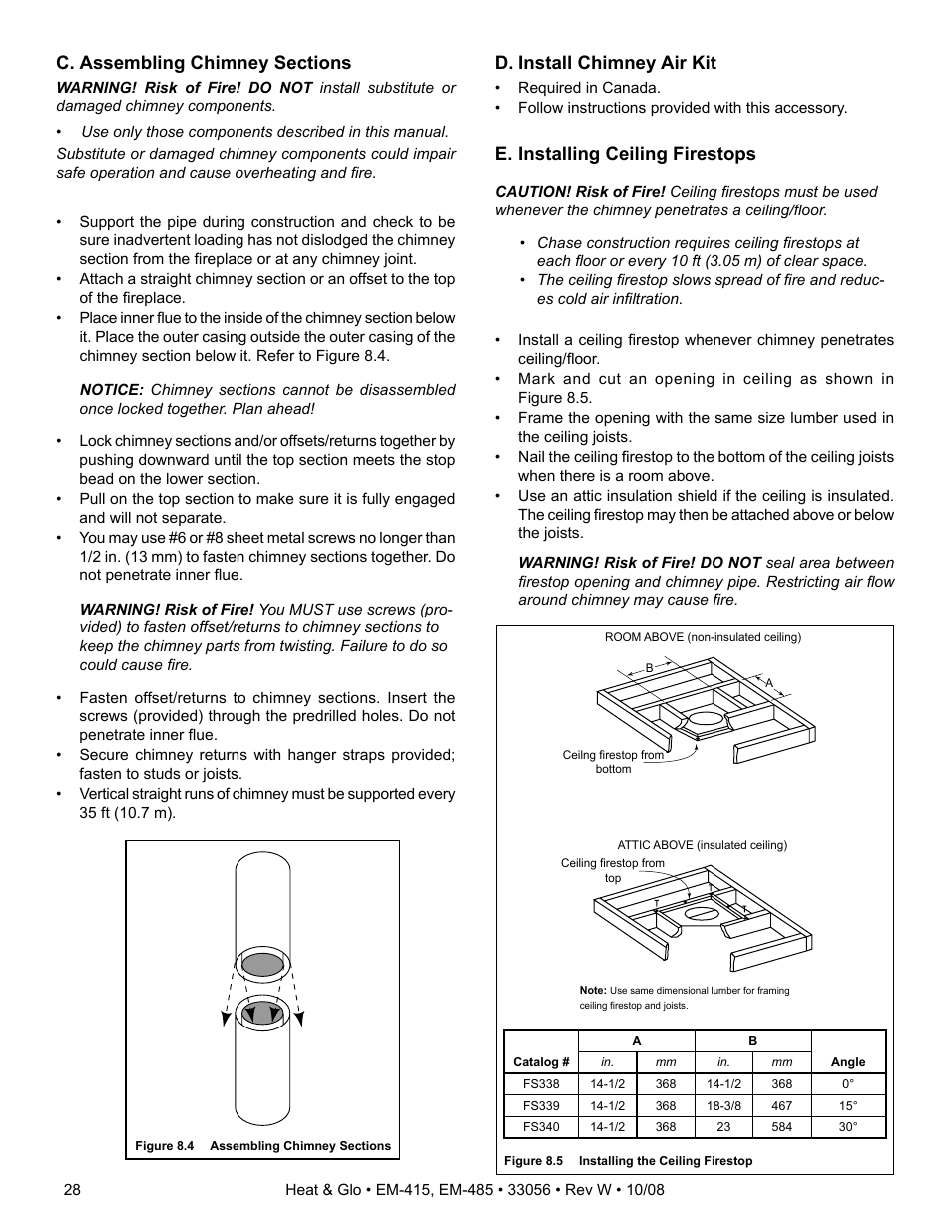 D. install chimney air kit, E. installing ceiling firestops | Heat & Glo Fireplace EM-485T User Manual | Page 28 / 52