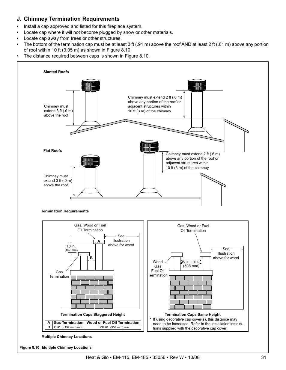 J. chimney termination requirements | Heat & Glo Fireplace EM-485T User Manual | Page 31 / 52