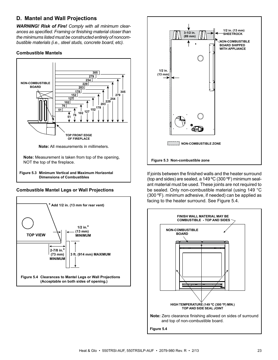 D. mantel and wall projections | Heat & Glo Fireplace Heat & Glo 550TRSI-AUF User Manual | Page 23 / 80