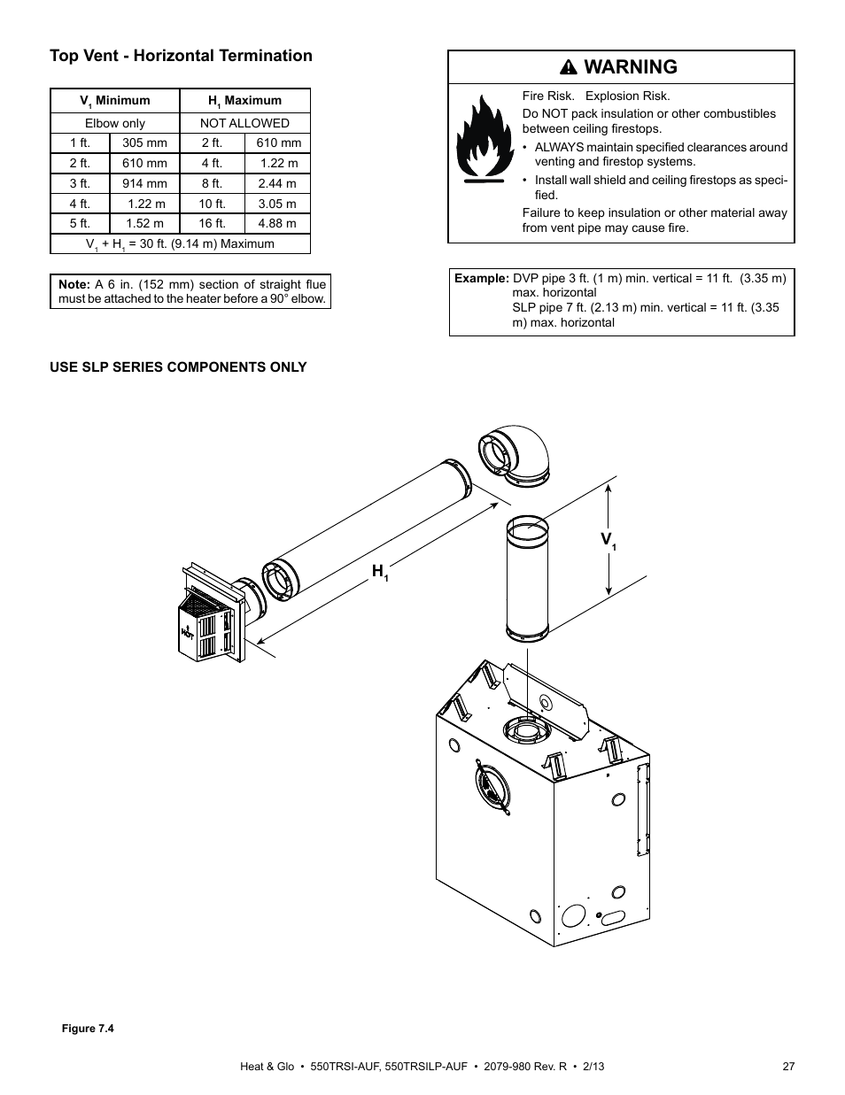 Warning, Top vent - horizontal termination | Heat & Glo Fireplace Heat & Glo 550TRSI-AUF User Manual | Page 27 / 80