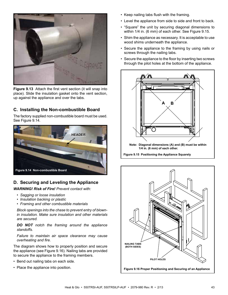 C. installing the non-combustible board, D. securing and leveling the appliance | Heat & Glo Fireplace Heat & Glo 550TRSI-AUF User Manual | Page 43 / 80