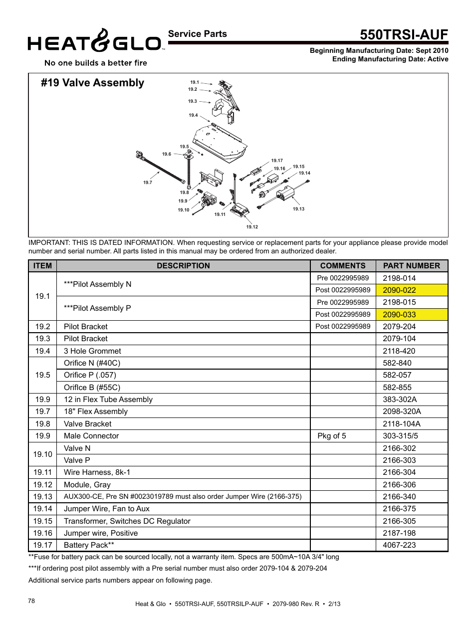 550trsi-auf, 19 valve assembly, Service parts | Heat & Glo Fireplace Heat & Glo 550TRSI-AUF User Manual | Page 78 / 80