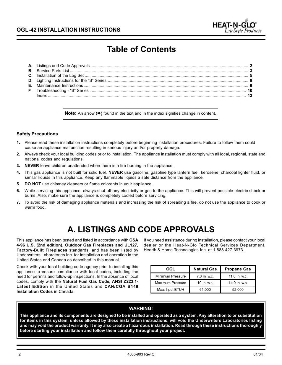 Heat & Glo Fireplace OGL-42-NG User Manual | Page 2 / 12