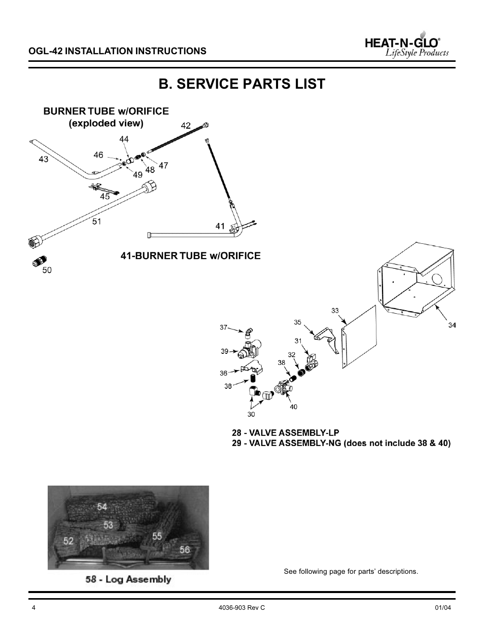 B. service parts list | Heat & Glo Fireplace OGL-42-NG User Manual | Page 4 / 12