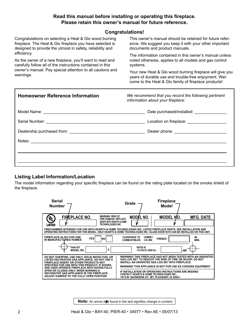 Listing label information/location, Fireplace no. model no. model no. mfg. date | Heat & Glo Fireplace HEAT & GLO PIER-40 User Manual | Page 2 / 52
