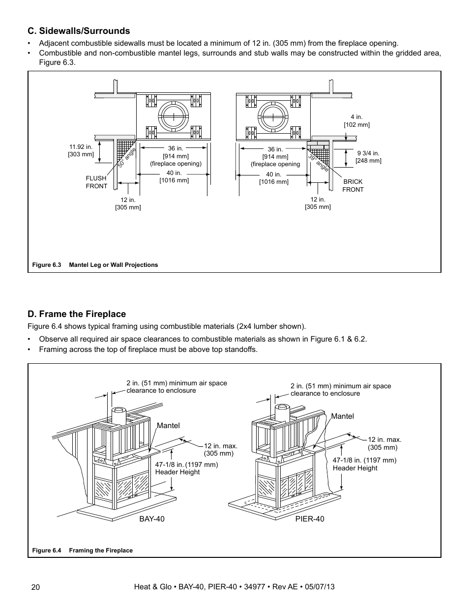 D. frame the fireplace, C. sidewalls/surrounds | Heat & Glo Fireplace HEAT & GLO PIER-40 User Manual | Page 20 / 52