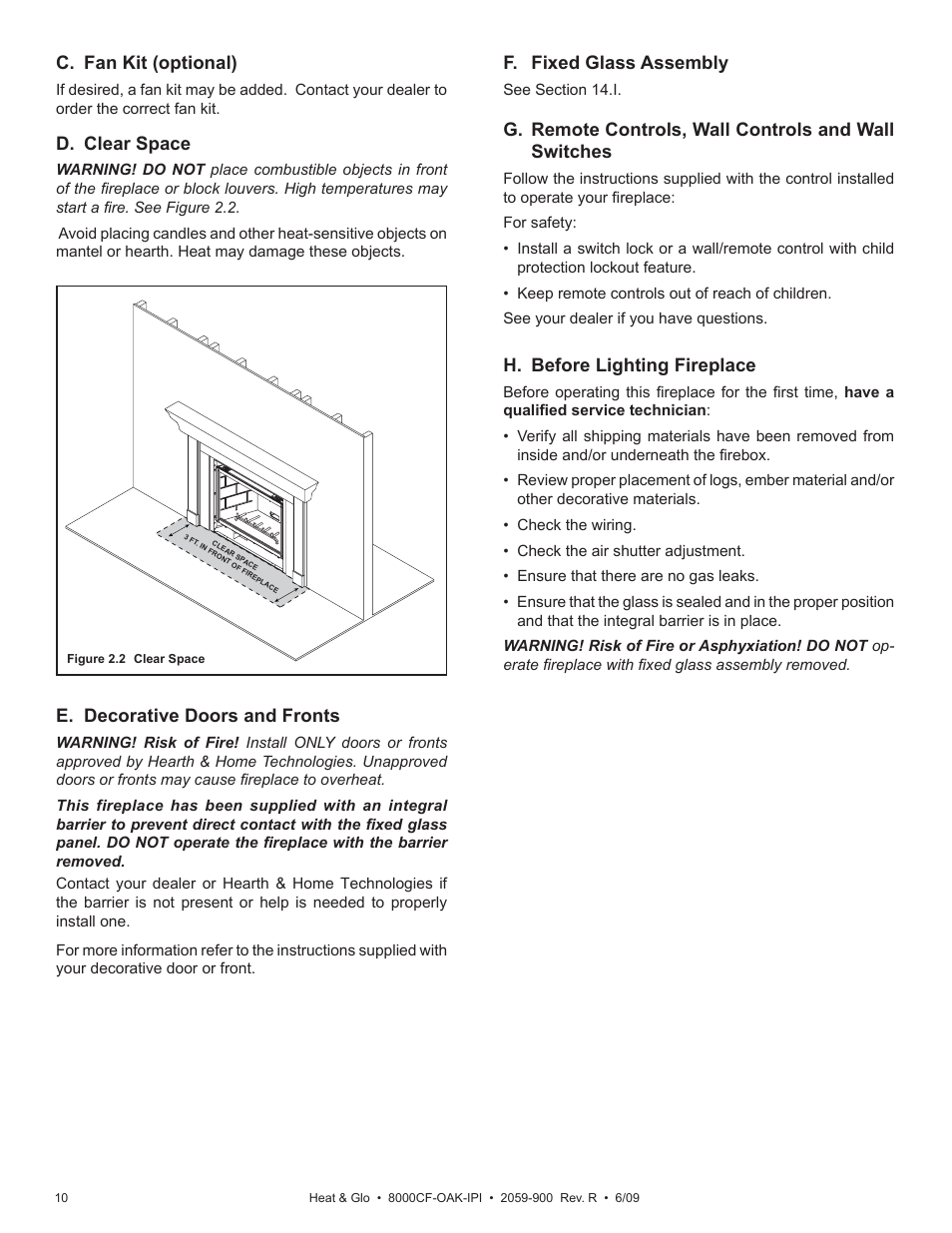 D. clear space, C. fan kit (optional), F. fixed glass assembly | E. decorative doors and fronts, H. before lighting fireplace | Heat & Glo Fireplace 8000CF-OAK-IPI User Manual | Page 10 / 58