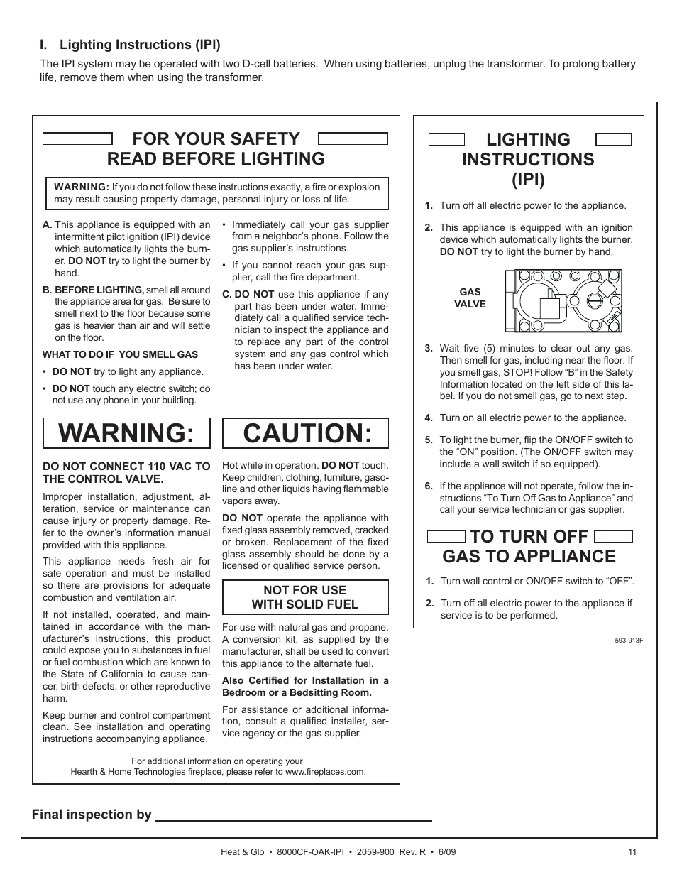 Caution, Warning, For your safety read before lighting | Heat & Glo Fireplace 8000CF-OAK-IPI User Manual | Page 11 / 58