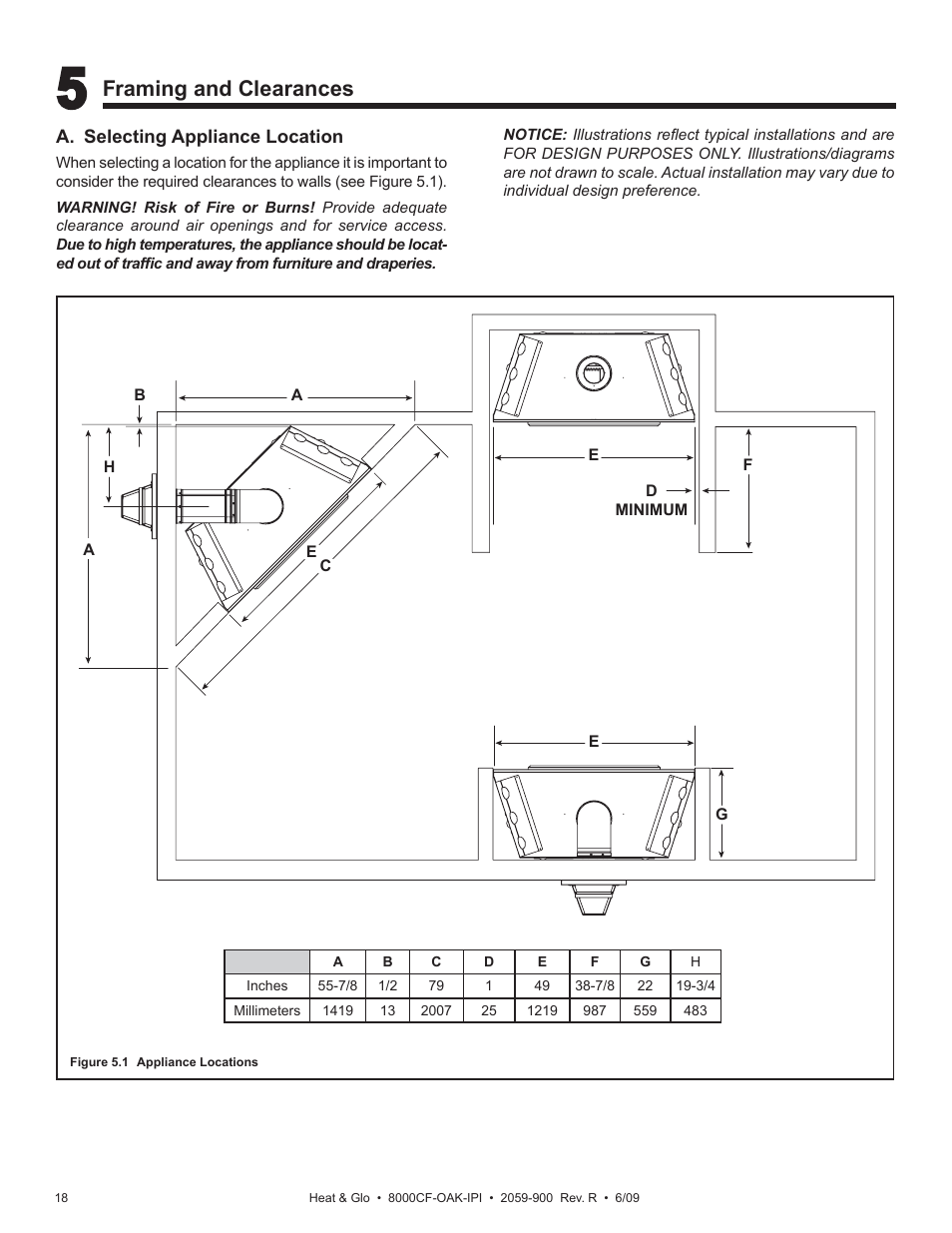 Framing and clearances | Heat & Glo Fireplace 8000CF-OAK-IPI User Manual | Page 18 / 58