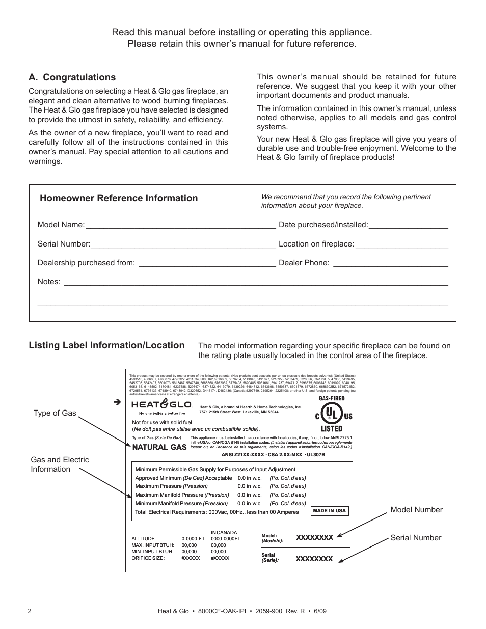 Listing label information/location, Homeowner reference information, Model number | Nna atural tural gas gas | Heat & Glo Fireplace 8000CF-OAK-IPI User Manual | Page 2 / 58