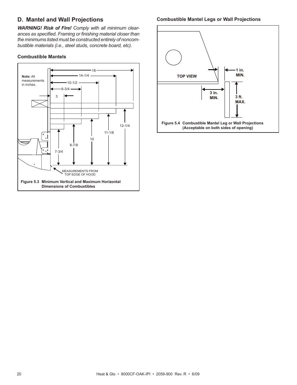 D. mantel and wall projections | Heat & Glo Fireplace 8000CF-OAK-IPI User Manual | Page 20 / 58