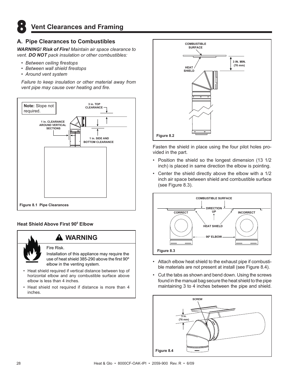 Vent clearances and framing, Warning, A. pipe clearances to combustibles | Heat & Glo Fireplace 8000CF-OAK-IPI User Manual | Page 28 / 58