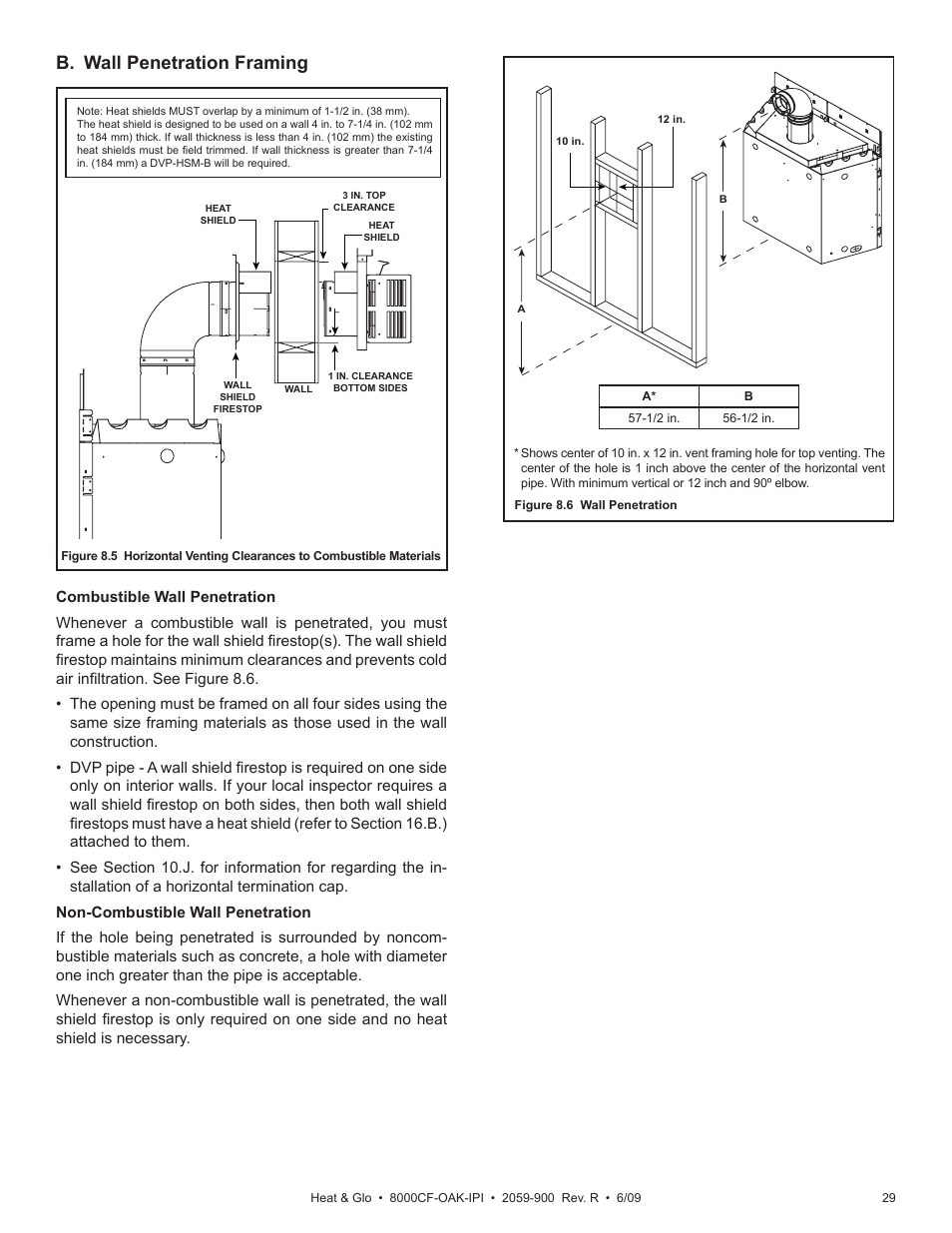 B. wall penetration framing | Heat & Glo Fireplace 8000CF-OAK-IPI User Manual | Page 29 / 58
