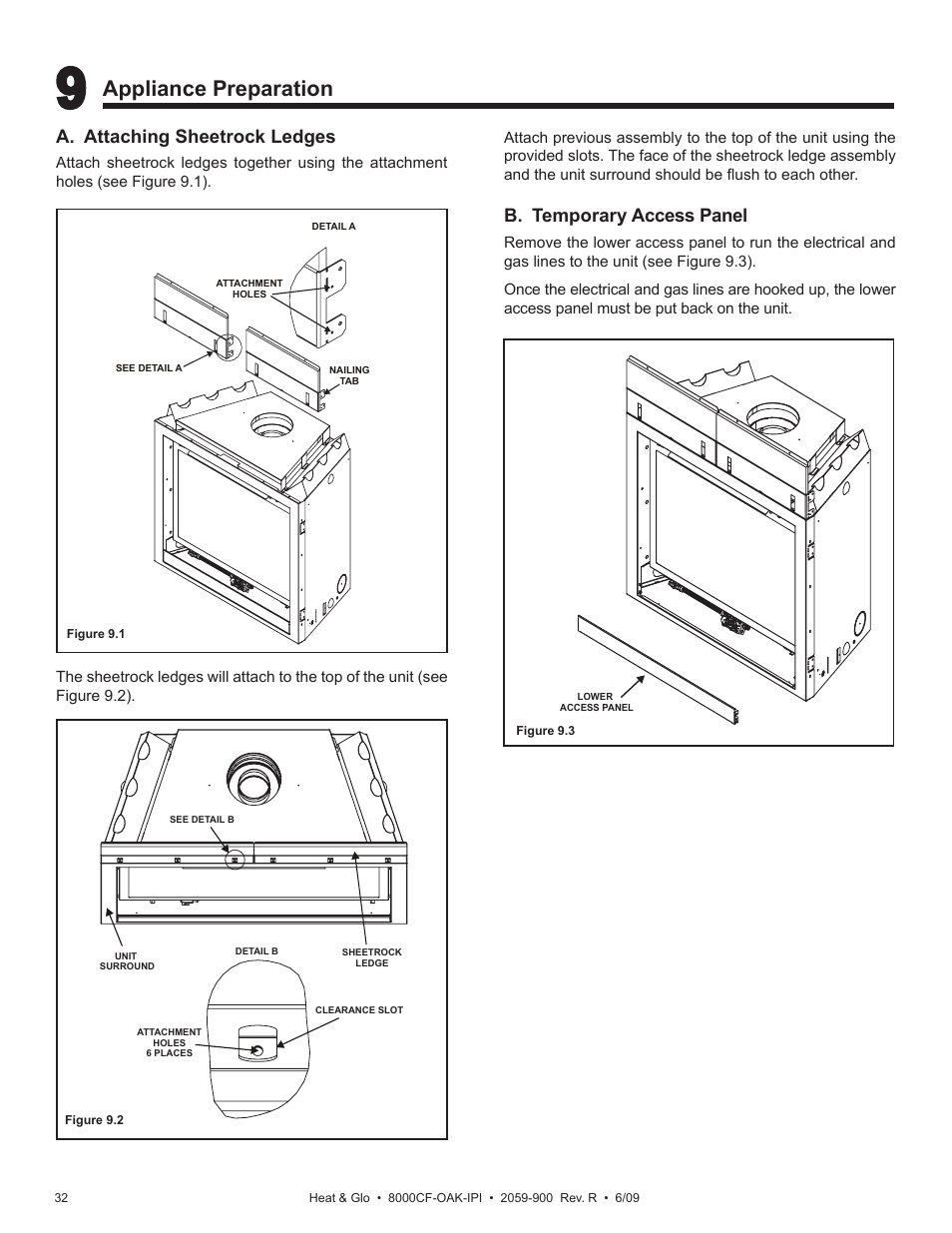 Appliance preparation, A. attaching sheetrock ledges, B. temporary access panel | Heat & Glo Fireplace 8000CF-OAK-IPI User Manual | Page 32 / 58