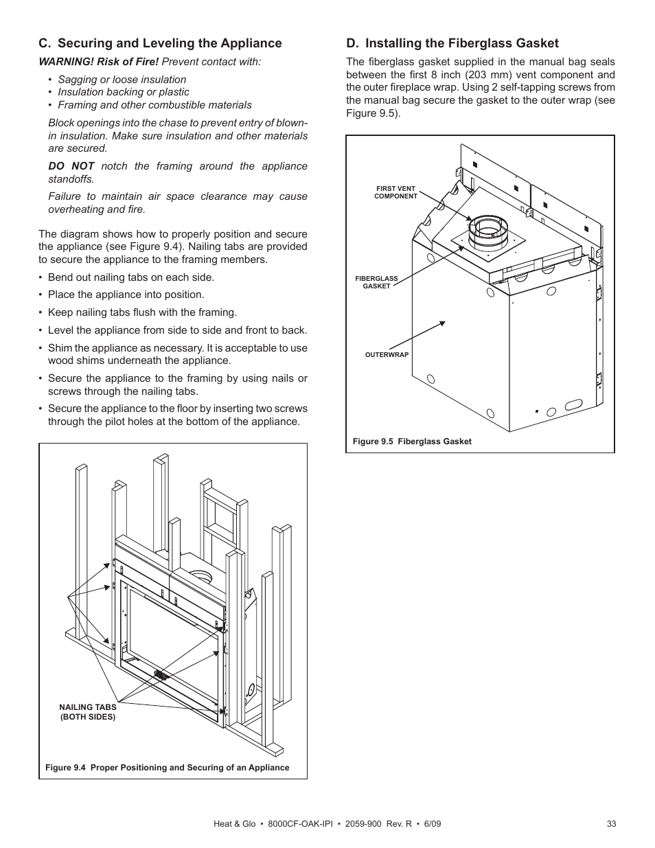 C. securing and leveling the appliance, D. installing the fiberglass gasket | Heat & Glo Fireplace 8000CF-OAK-IPI User Manual | Page 33 / 58