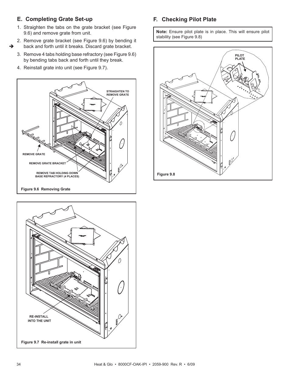 F. checking pilot plate, E. completing grate set-up | Heat & Glo Fireplace 8000CF-OAK-IPI User Manual | Page 34 / 58