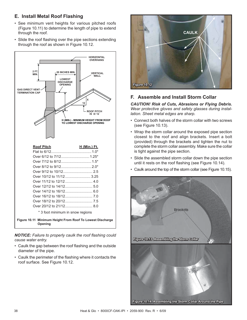E. install metal roof flashing, F. assemble and install storm collar | Heat & Glo Fireplace 8000CF-OAK-IPI User Manual | Page 38 / 58