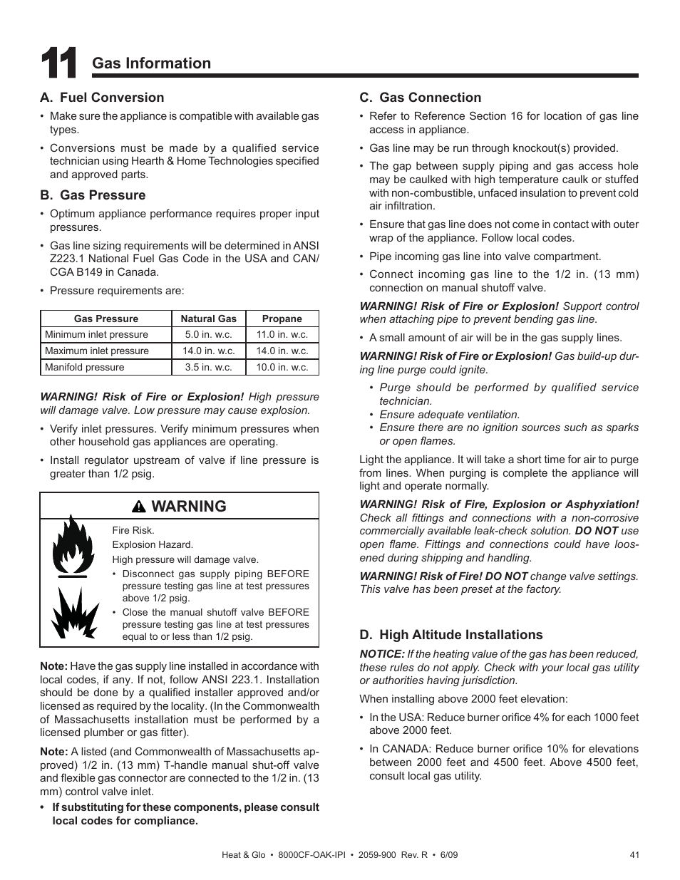 Gas information, Warning | Heat & Glo Fireplace 8000CF-OAK-IPI User Manual | Page 41 / 58