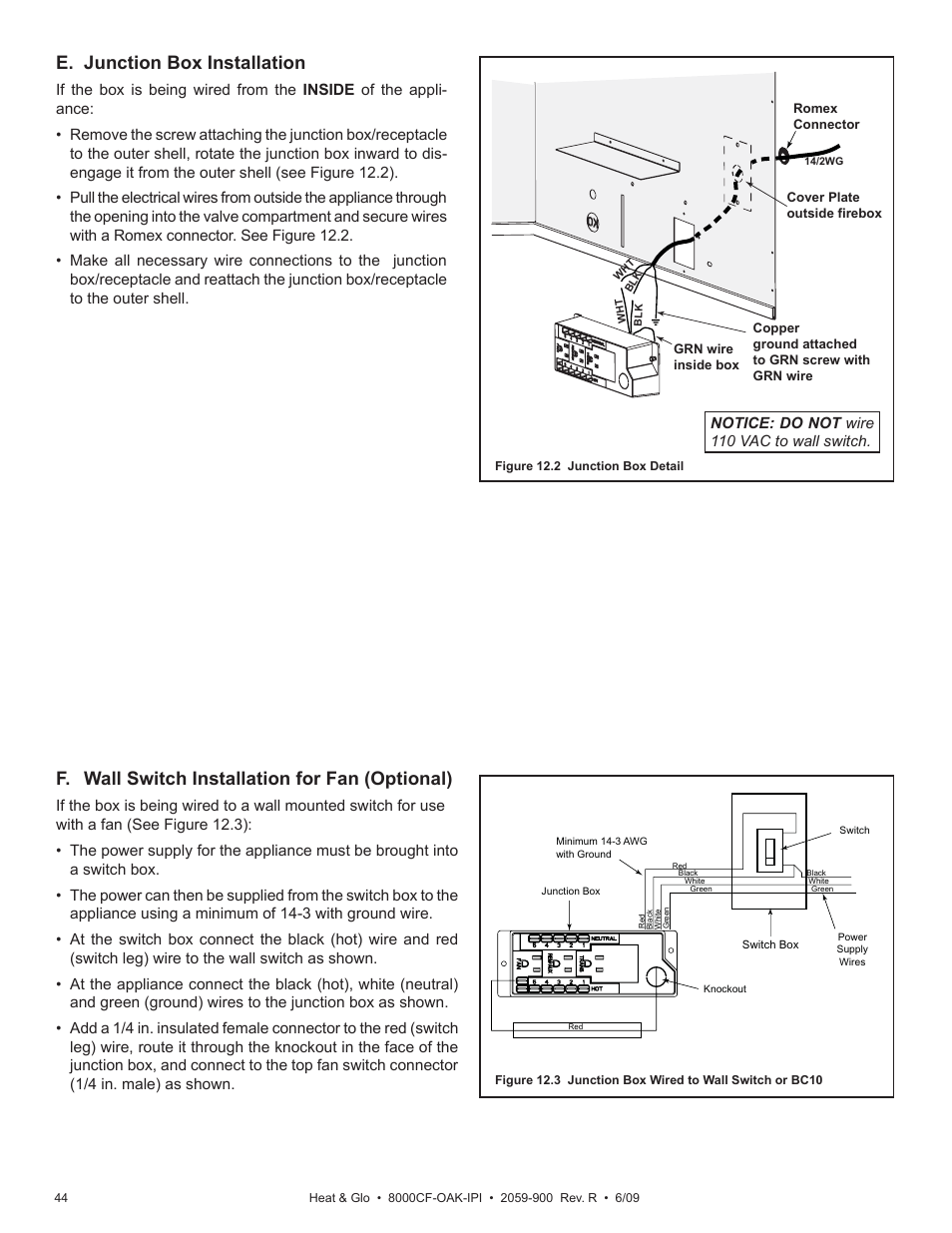 F. wall switch installation for fan (optional), E. junction box installation | Heat & Glo Fireplace 8000CF-OAK-IPI User Manual | Page 44 / 58