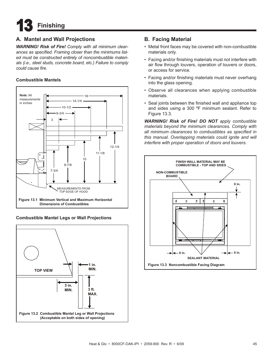 Finishing, A. mantel and wall projections, B. facing material | Heat & Glo Fireplace 8000CF-OAK-IPI User Manual | Page 45 / 58