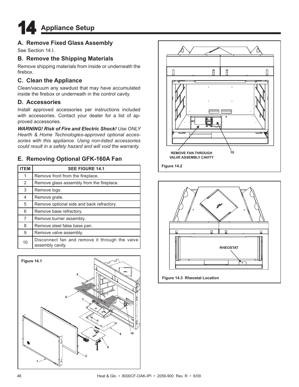 Appliance setup, A. remove fixed glass assembly, B. remove the shipping materials | C. clean the appliance, D. accessories, E. removing optional gfk-160a fan | Heat & Glo Fireplace 8000CF-OAK-IPI User Manual | Page 46 / 58
