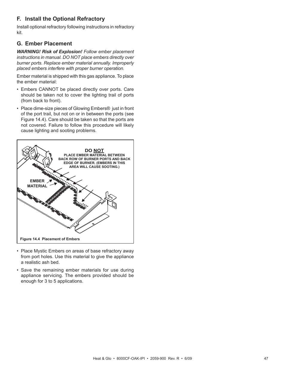 G. ember placement, F. install the optional refractory | Heat & Glo Fireplace 8000CF-OAK-IPI User Manual | Page 47 / 58